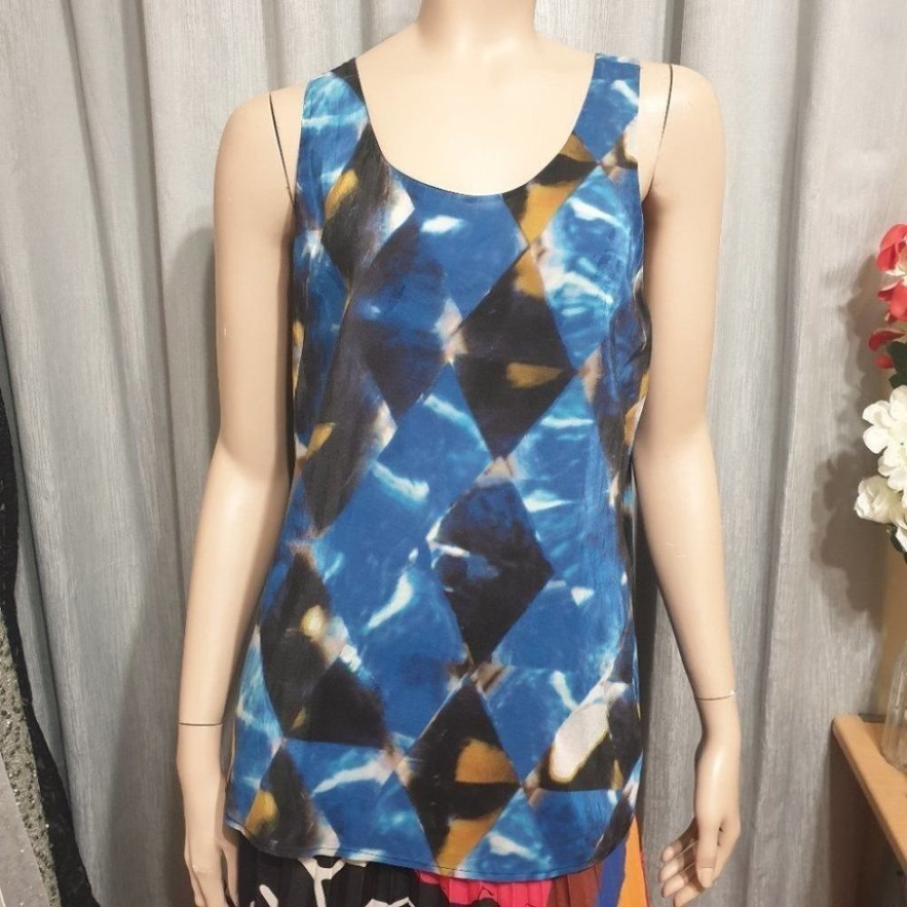SABA AU-12 Blue/Black Abstract Sleeveless Top Scoop Neck Viscose/Silk Good Condi - Picture 1 of 11
